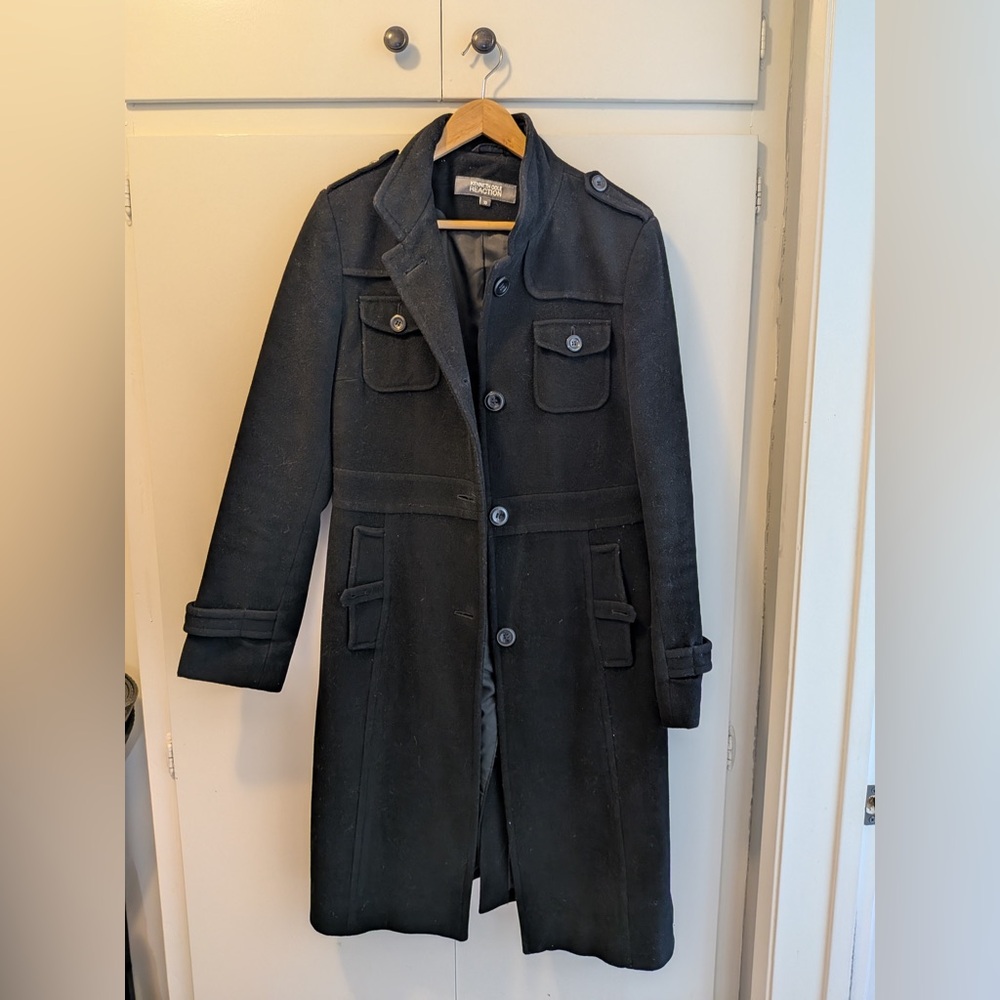 Kenneth Cole Black Long Trench Coat with Epaulets